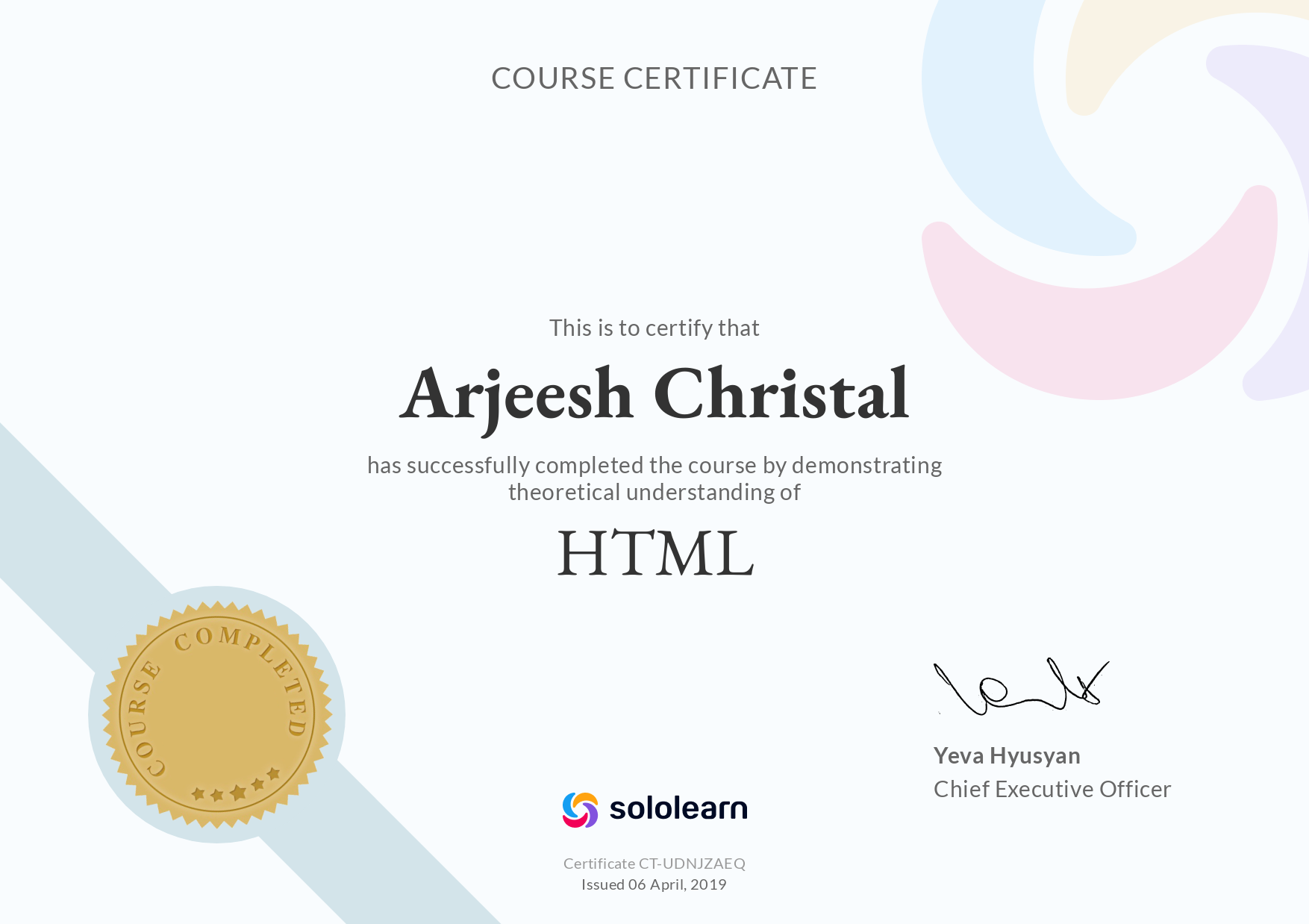 HTML certificate by Solo Learns